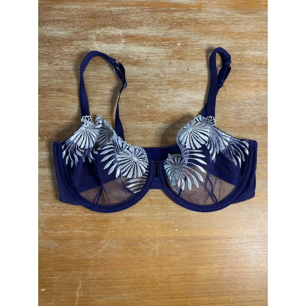 Wacoal Retro Chic Underwire Bra 36D Blue Floral Embroidery Mesh 55146